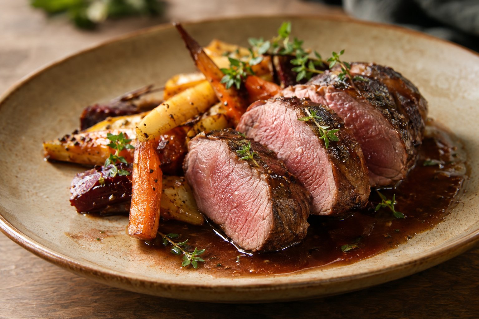 Skivad sous vide-tillagad ytterfilé av vildsvin serverad med rotfrukter och sås.
