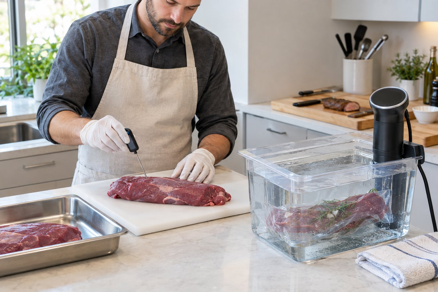 En kock kontrollerar en bit vildsvinsytterfilé med termometer bredvid ett sous vide-vattenbad.
