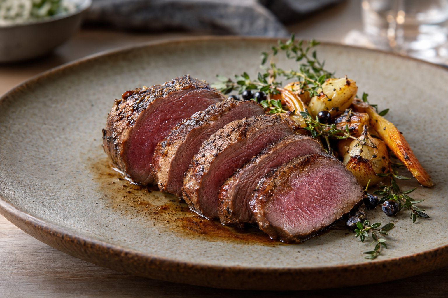 Skivad sous vide-tillagad vildsvinsinnanlår med örter och rostade rotfrukter på en tallrik.