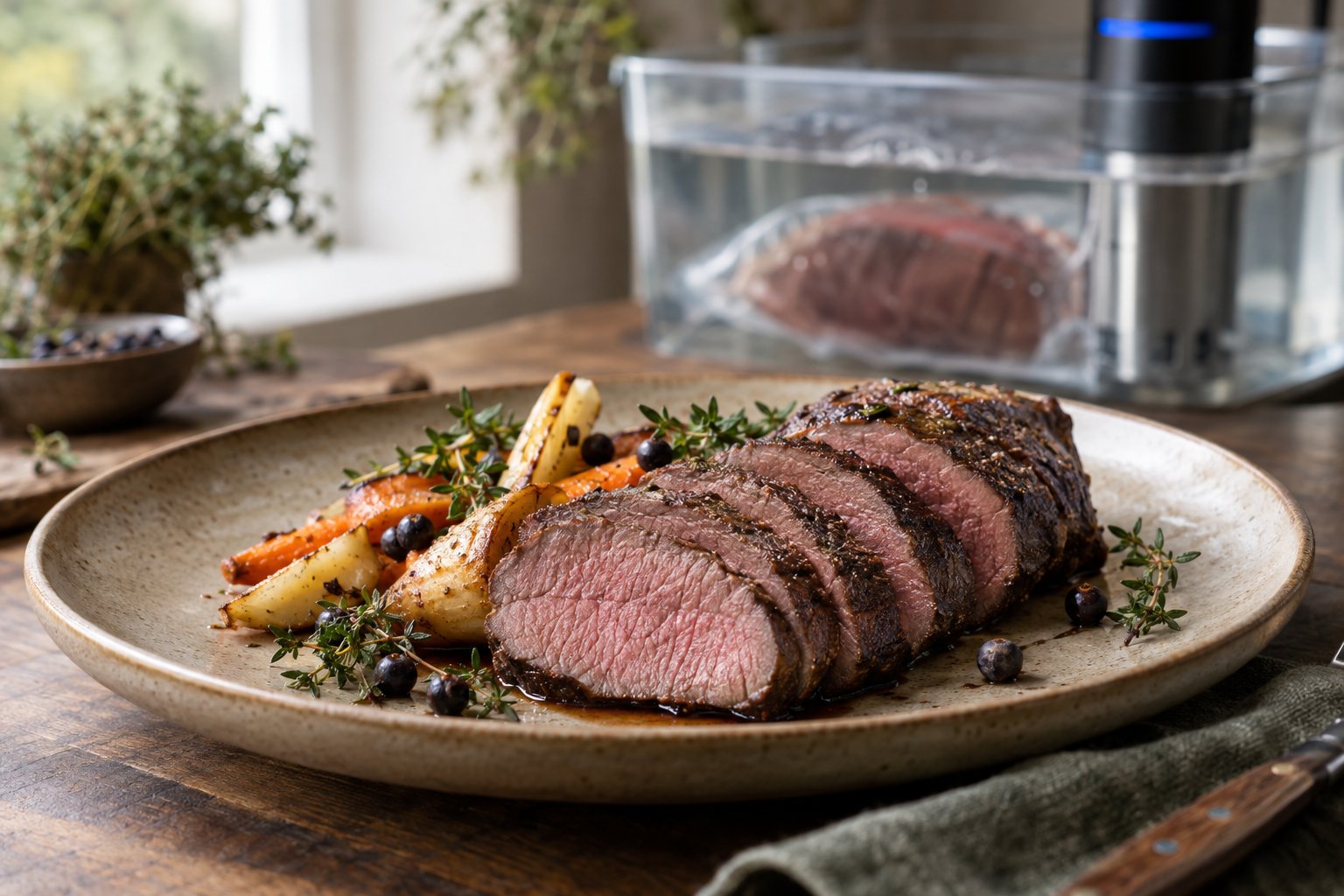 Skivat vildsvinsinnanlår på en tallrik med sous vide-utrustning i bakgrunden.