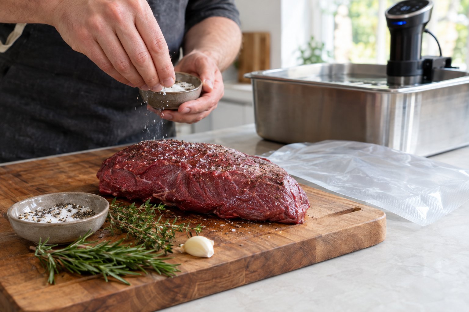 En bit vildsvinsinnanlår med kryddor, örter och sous vide-utrustning på en köksbänk.