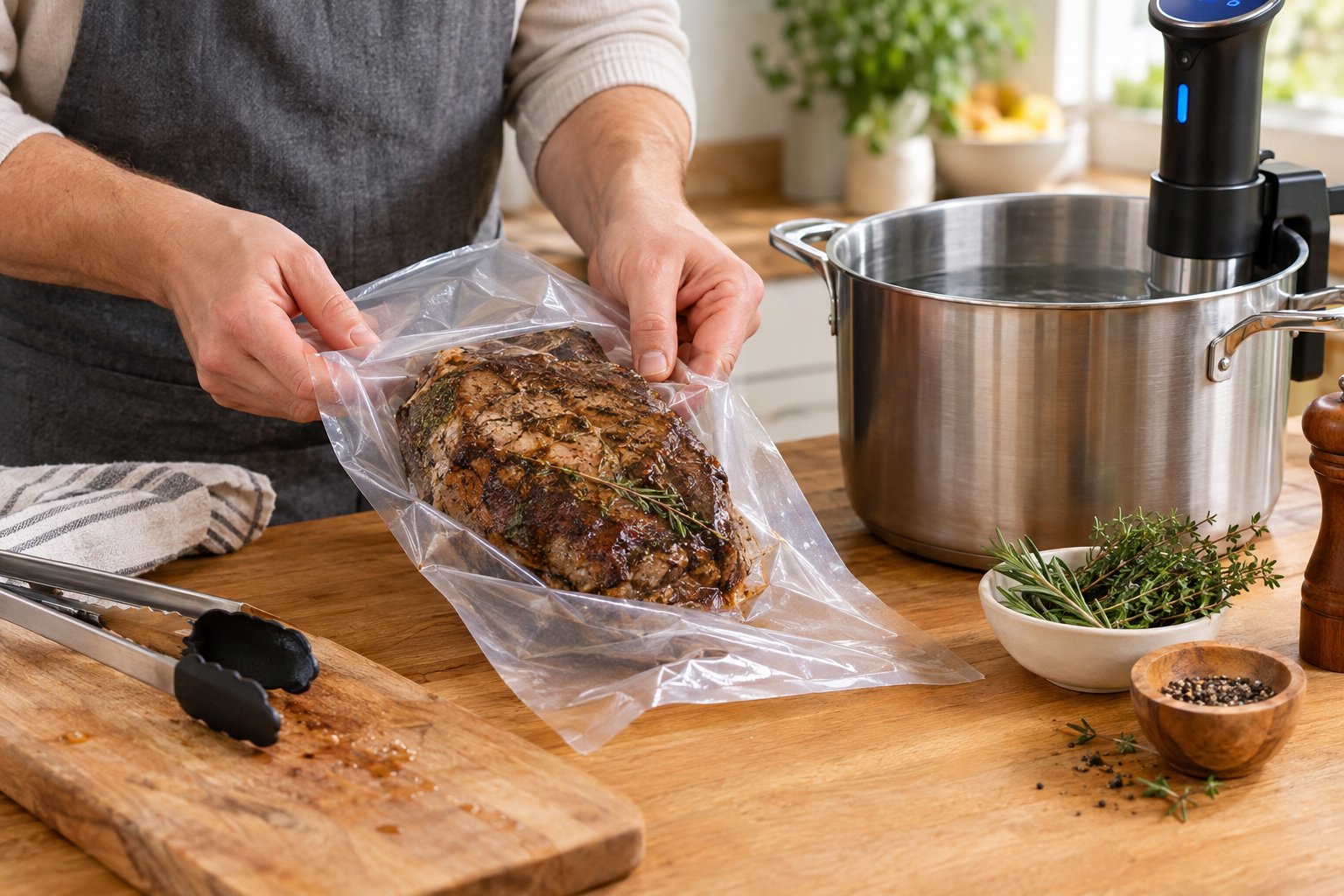 Händer förbereder en brynt älgstek i en vakuumpåse bredvid ett sous vide-bad.