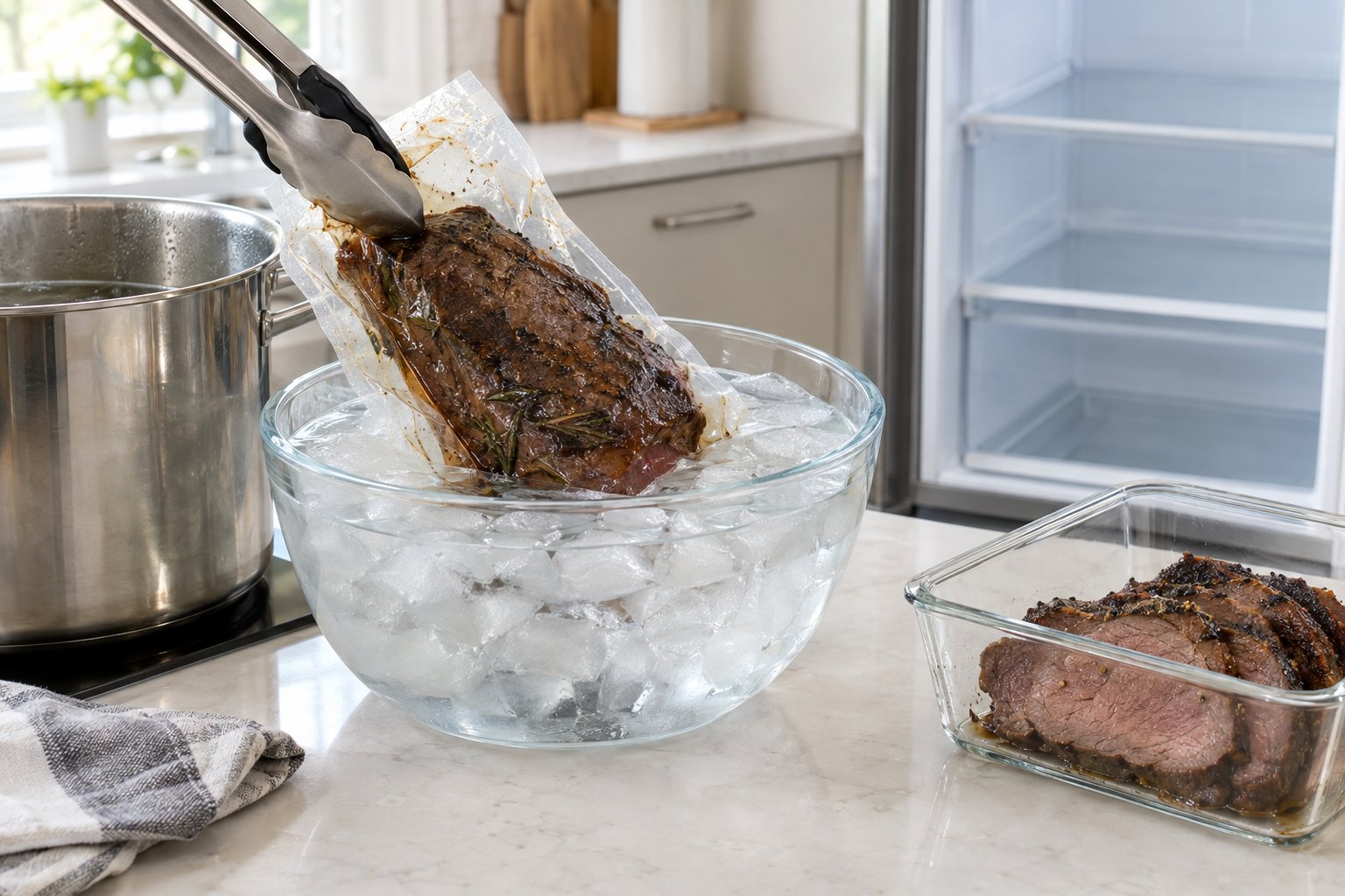 En älgstek i en sous-videpåse kyls i ett isbad bredvid en behållare med skivat kött.