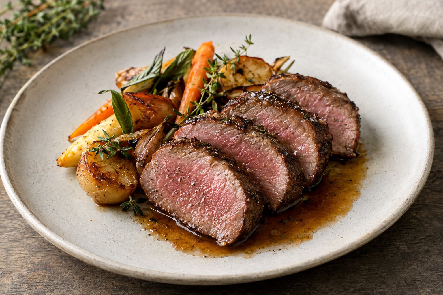Skivor av sous vide-tillagat vildsvinsytterlår med rostade rotfrukter.