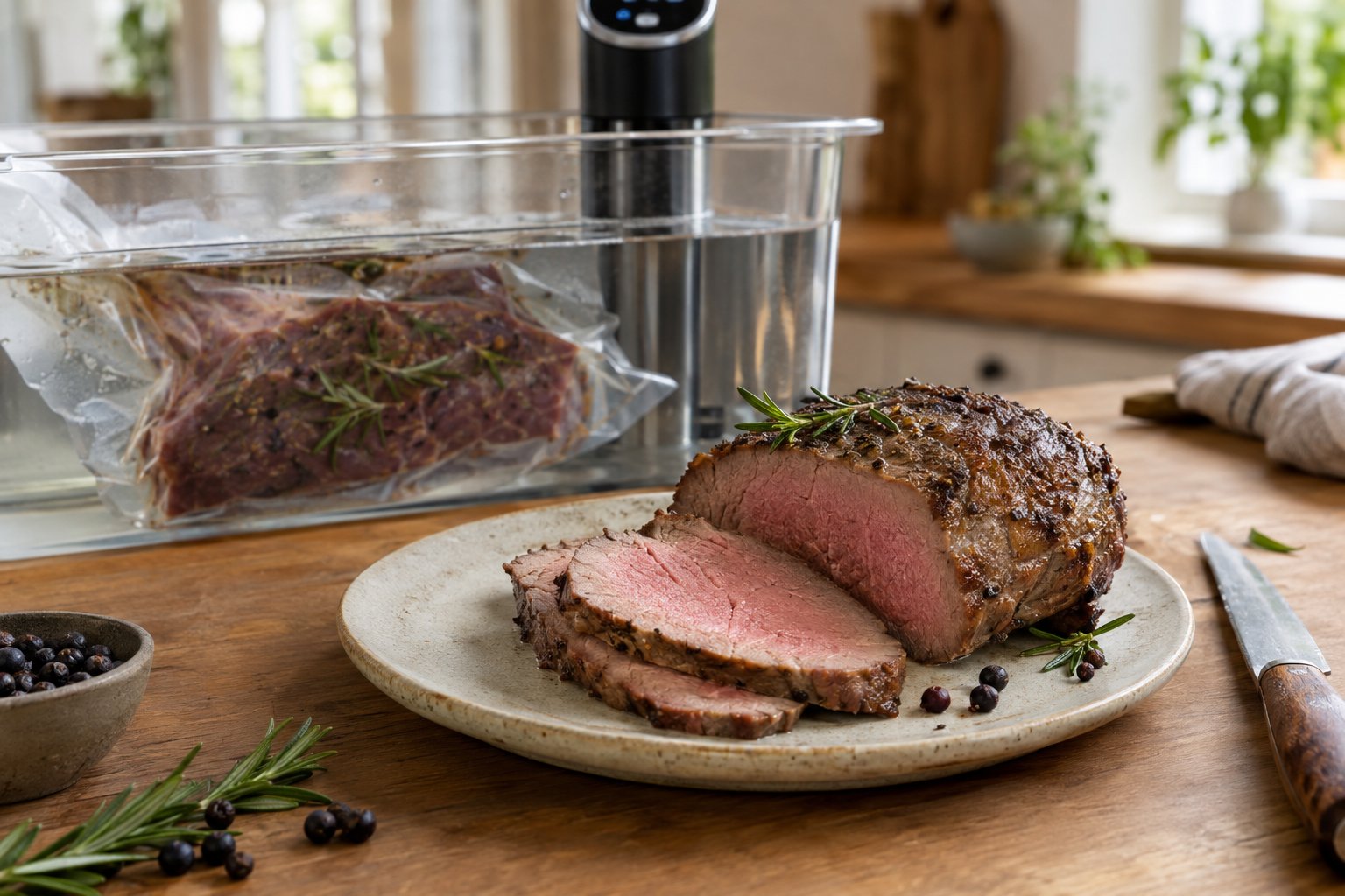 Skivat vildsvinsytterlår ligger på en tallrik bredvid ett sous vide-vattenbad.