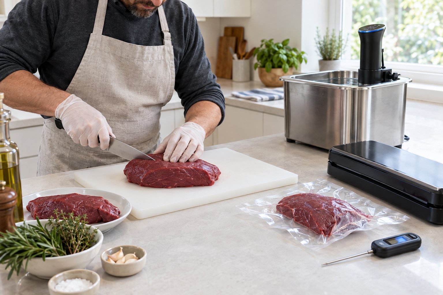 En person förbereder vildsvinsytterlår för sous vide i ett rent kök.