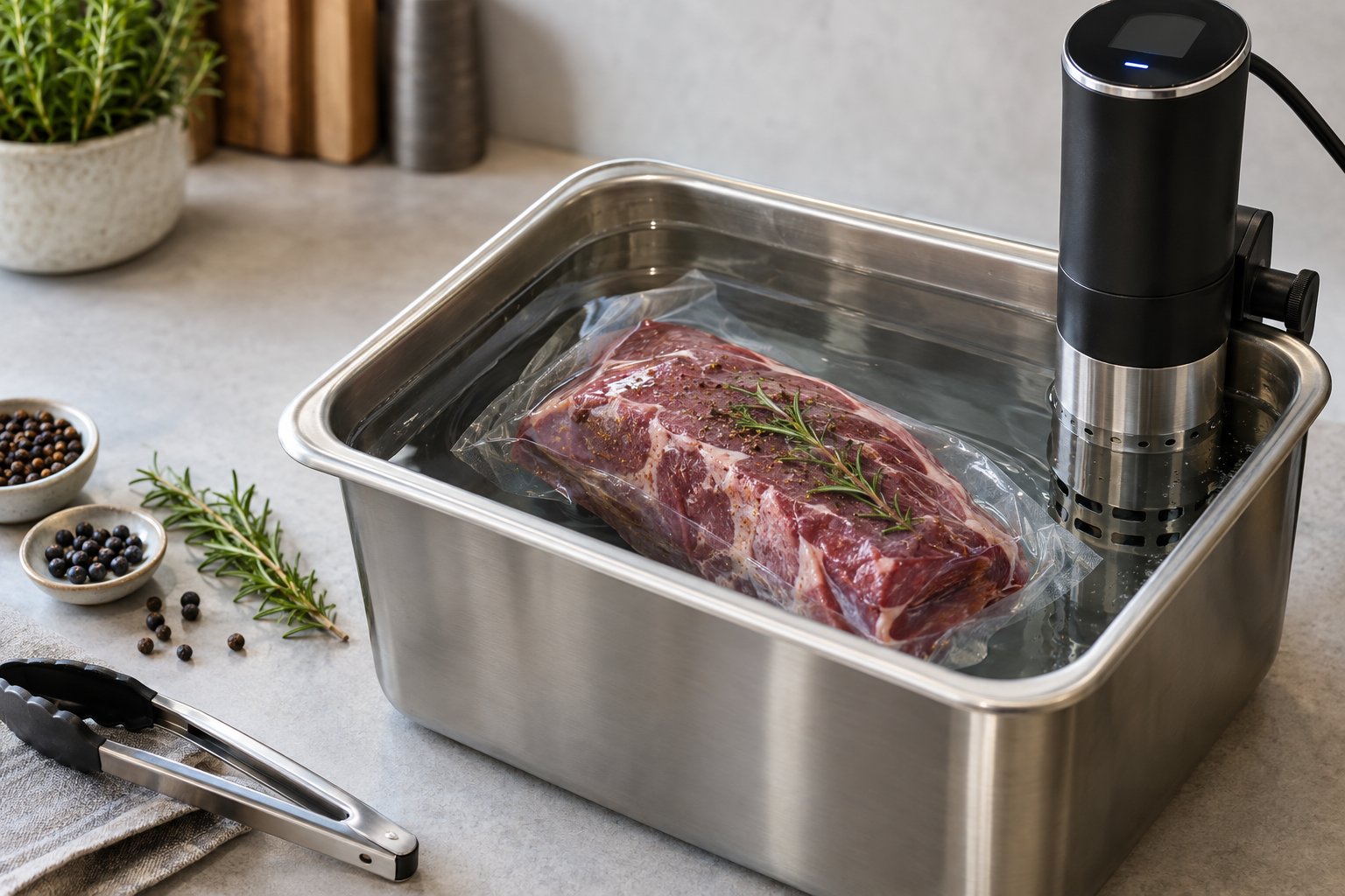 En vakuumförpackad vildsvinsrostbiff tillagas i ett vattenbad med sous vide-cirkulator.