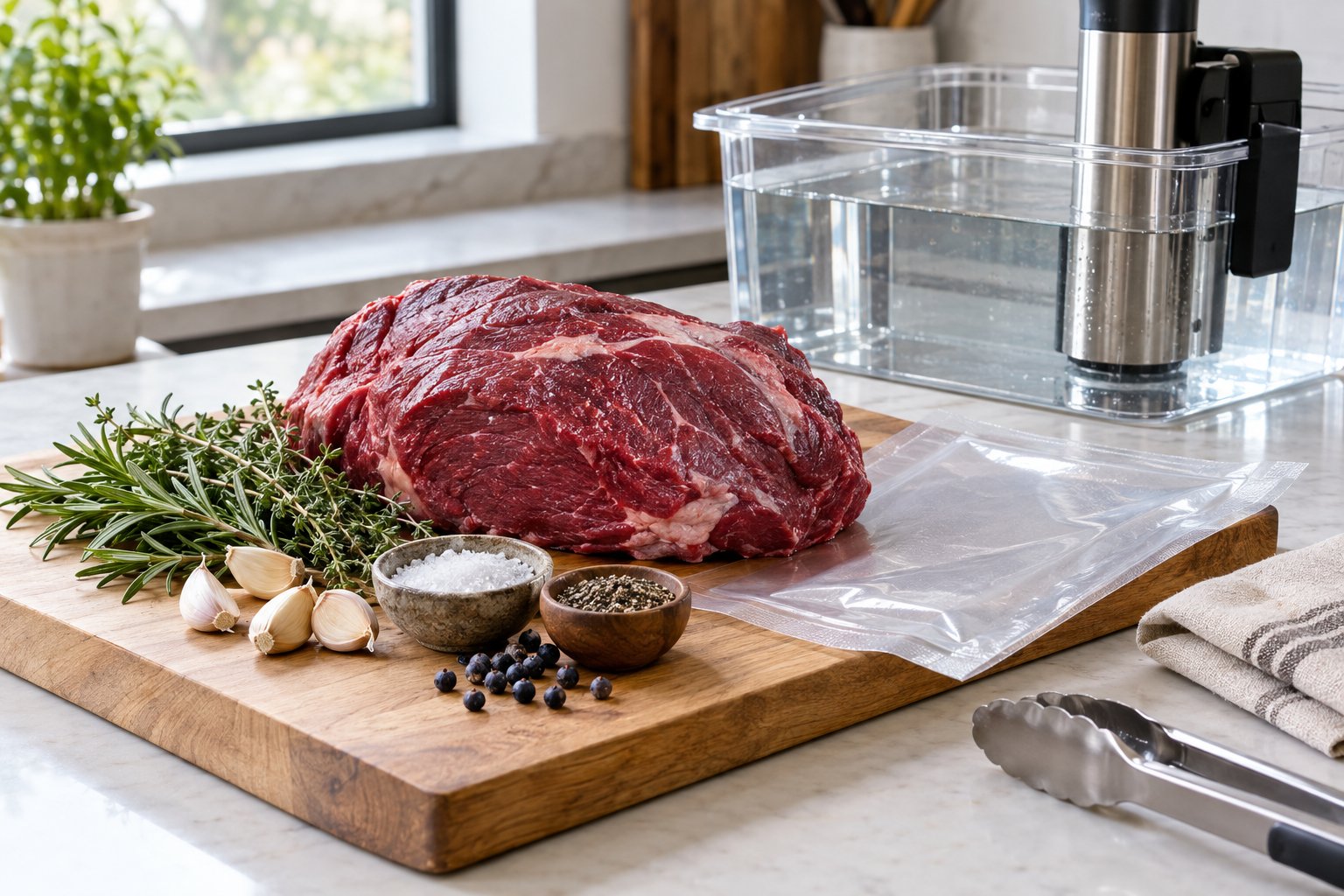 En rå vildsvinsstek med örter, kryddor och sous vide-utrustning på en köksbänk.