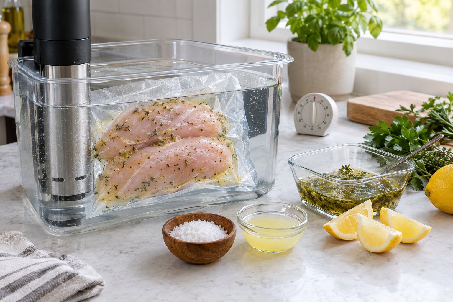 Kyckling i en vakuumpåse bredvid salt, citron och färska örter.