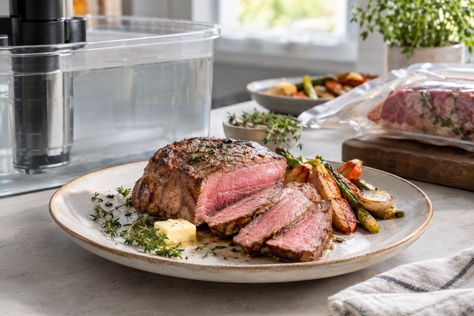 Skivad kalventrecôte med rosa insida på en tallrik bredvid en sous vide-cirkulator.
