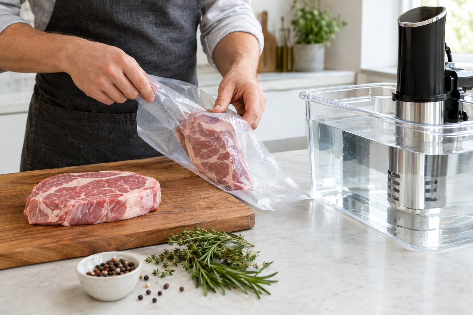 En bit kalventrecôte förbereds bredvid en vakuumpåse och ett sous vide-vattenbad.