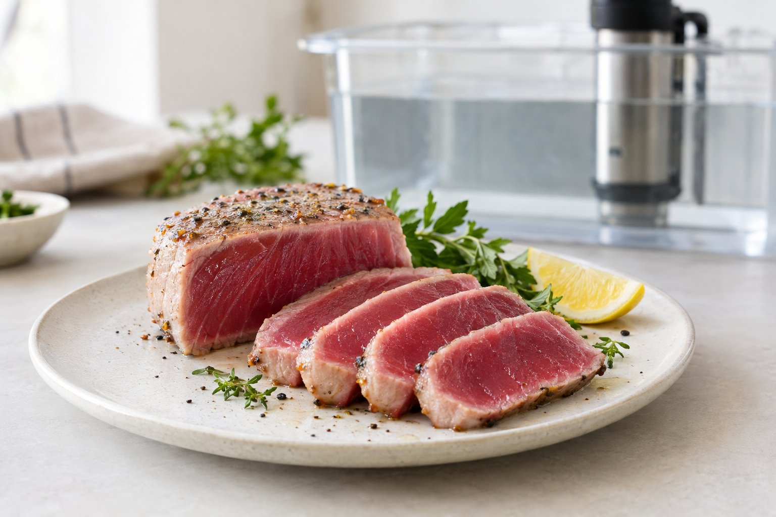 Skivad sous vide-tonfisk med rosaröd, saftig kärna på en tallrik.