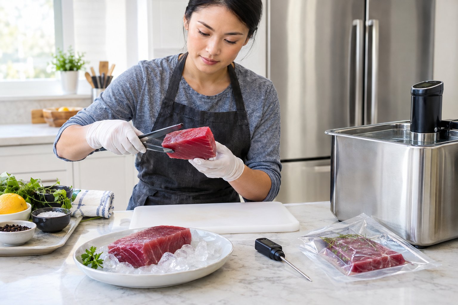 En person kontrollerar en tonfiskbit i ett rent kök bredvid en sous vide-badbehållare.