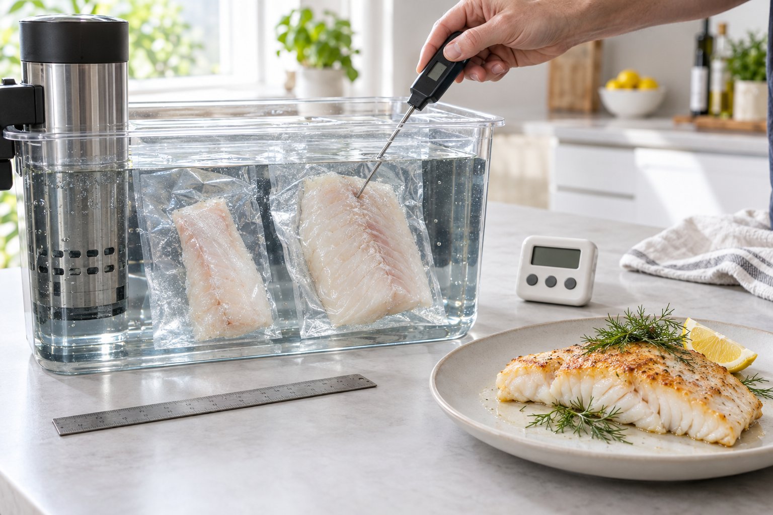 Gösfiléer i sous vide-påsar bredvid ett vattenbad och en färdiglagad filé på en tallrik.
