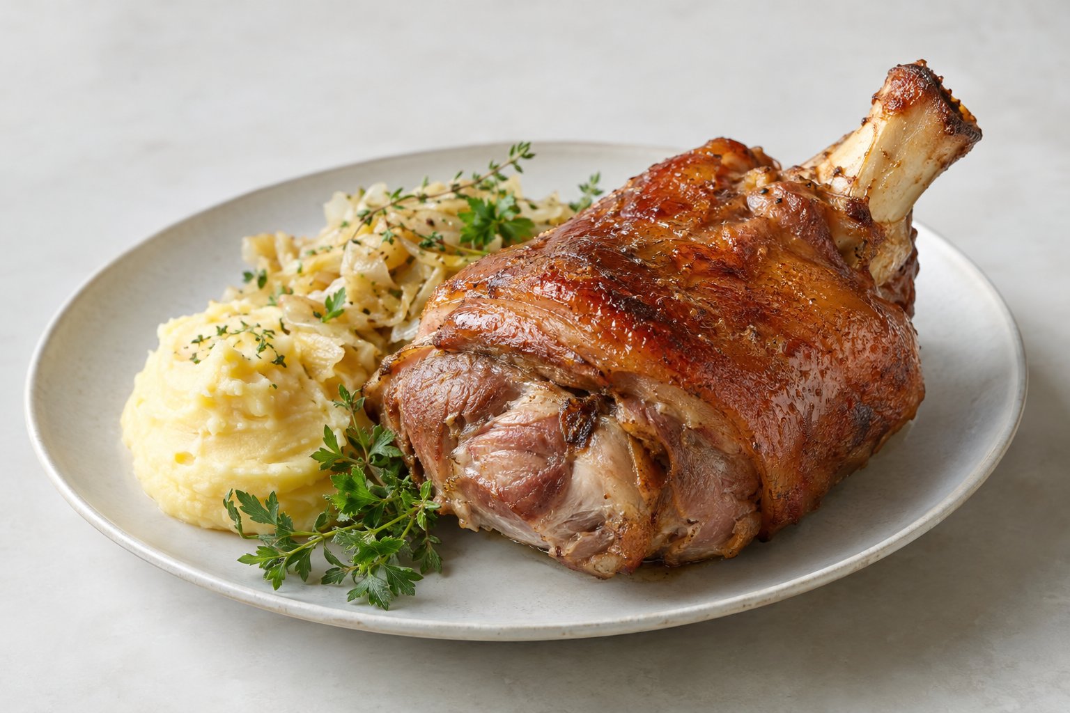 En tillagad fläsklägg serverad med potatismos och kål.