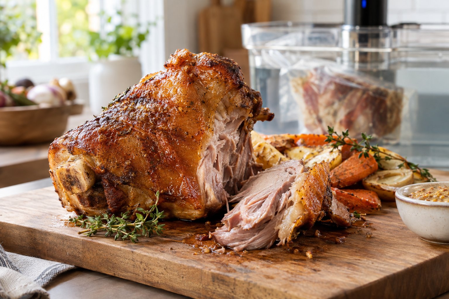 En mör, gyllenbrun fläsklägg med sous vide-utrustning i bakgrunden.