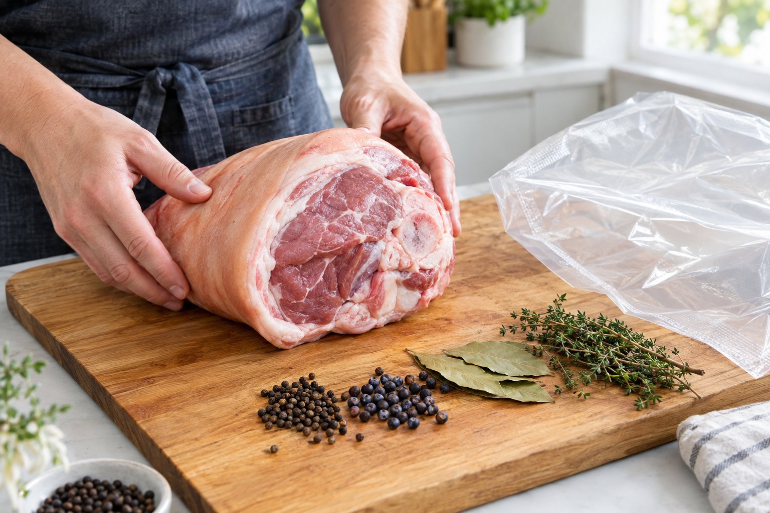 Händer väljer en fläsklägg bredvid kryddor och en öppen sous vide-påse.