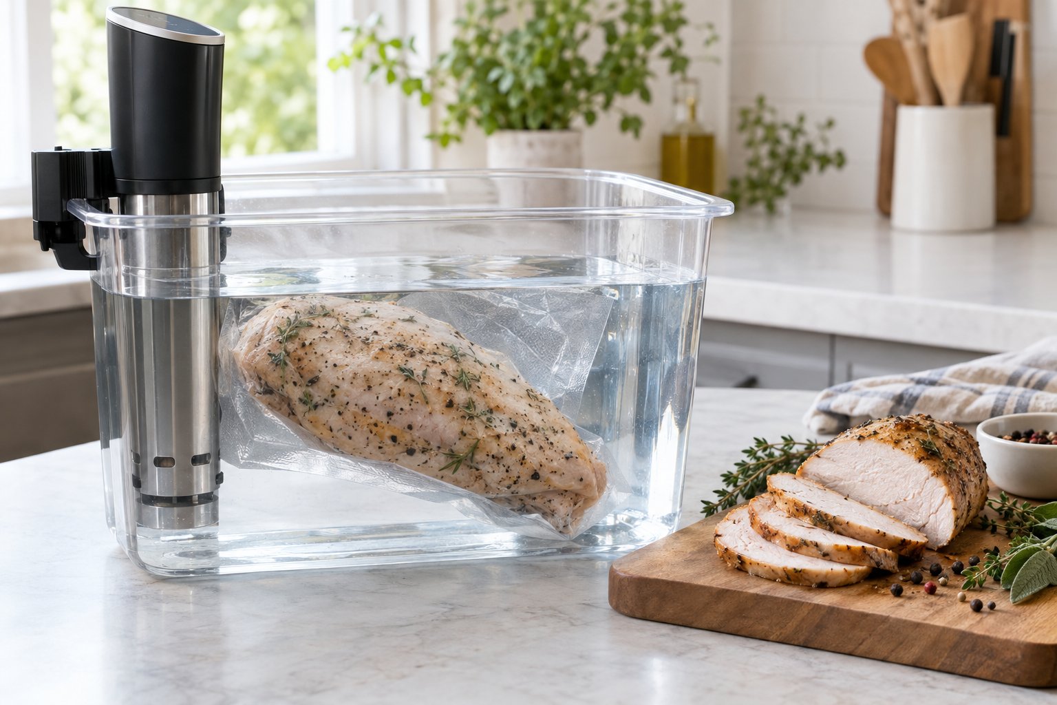 Kalkonbröst tillagas sous vide i en vattenbehållare bredvid skivor av färdig kalkon.
