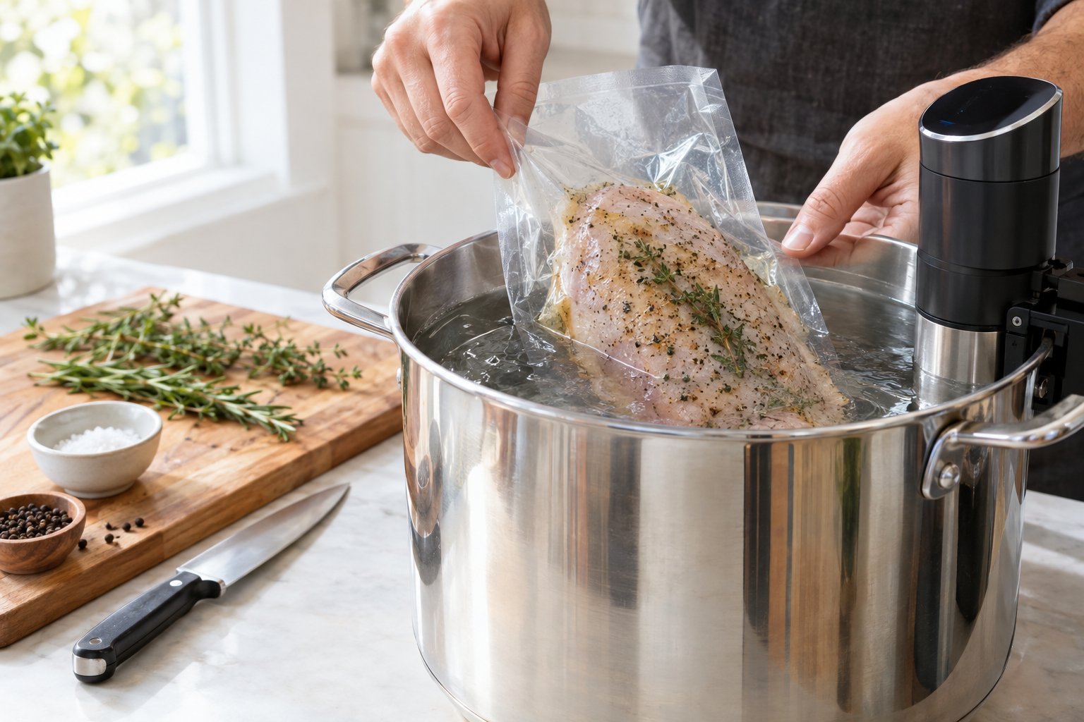 En kalkonbröstfilé i en vakuumpåse sänks ner i en kastrull med sous vide-cirkulator.