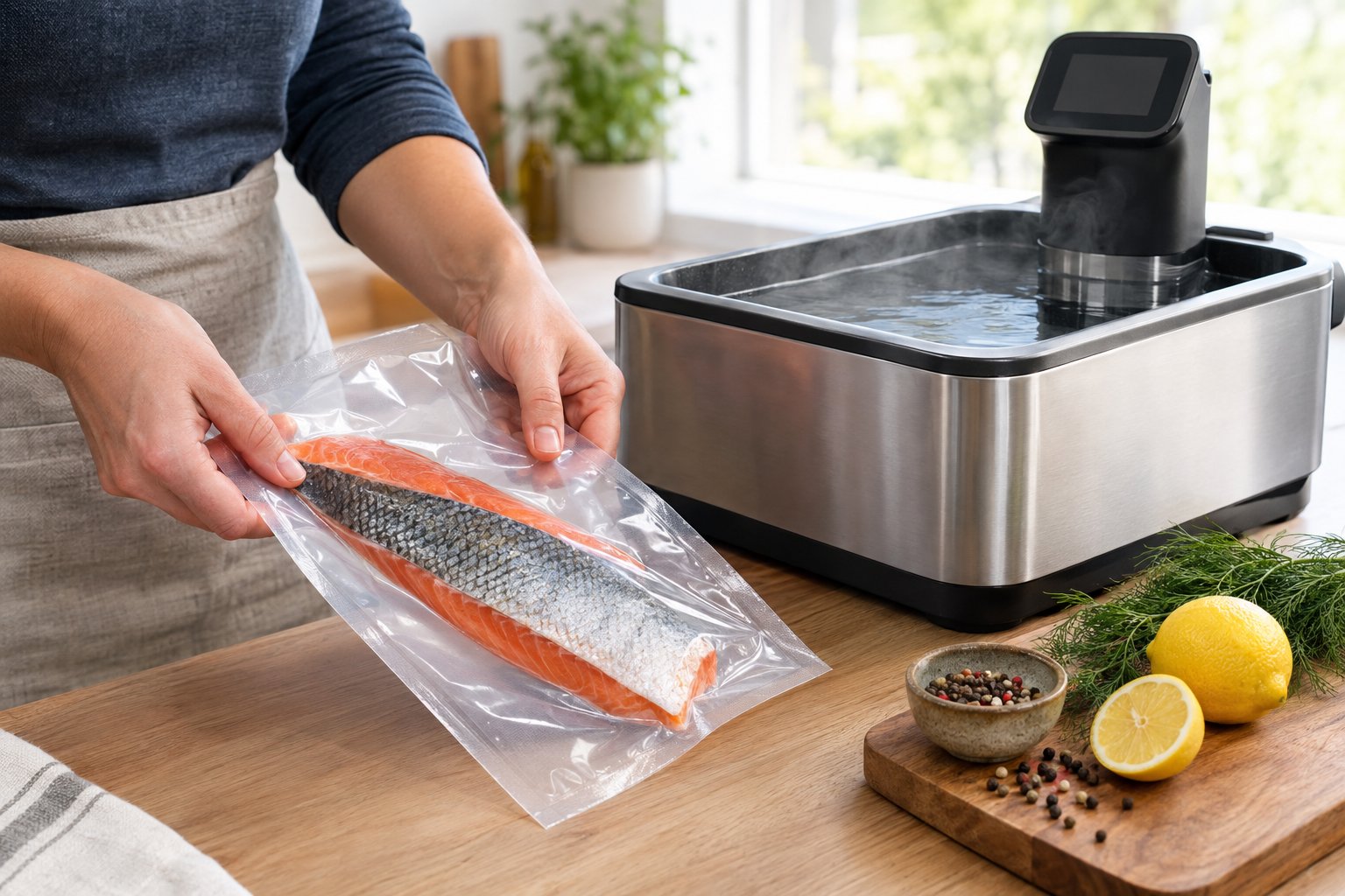 En rödingfilé i en vakuumpåse bredvid ett sous vide-vattenbad.