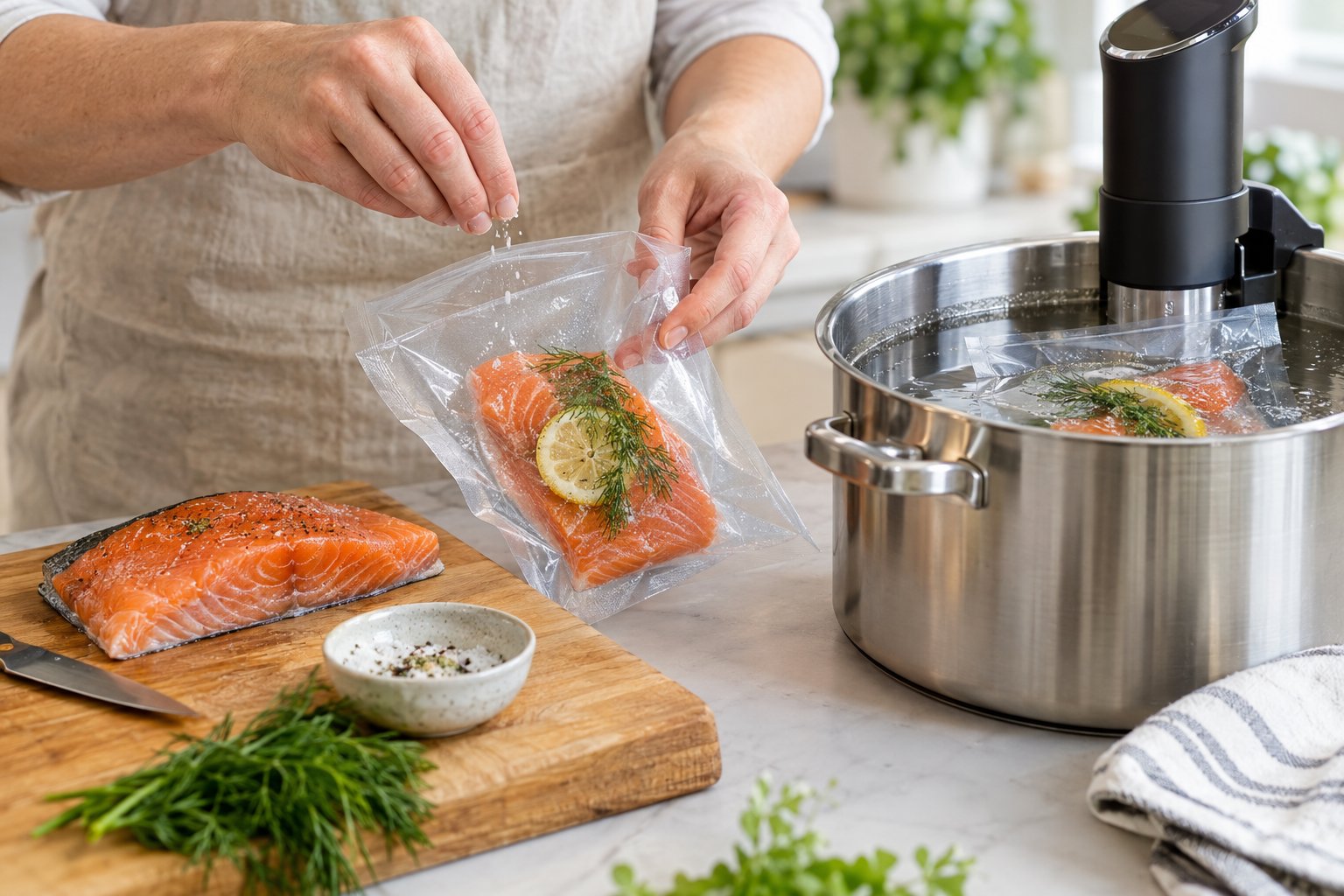 Händer kryddar rödingfiléer och lägger dem i en vakuumpåse bredvid ett sous vide-vattenbad.