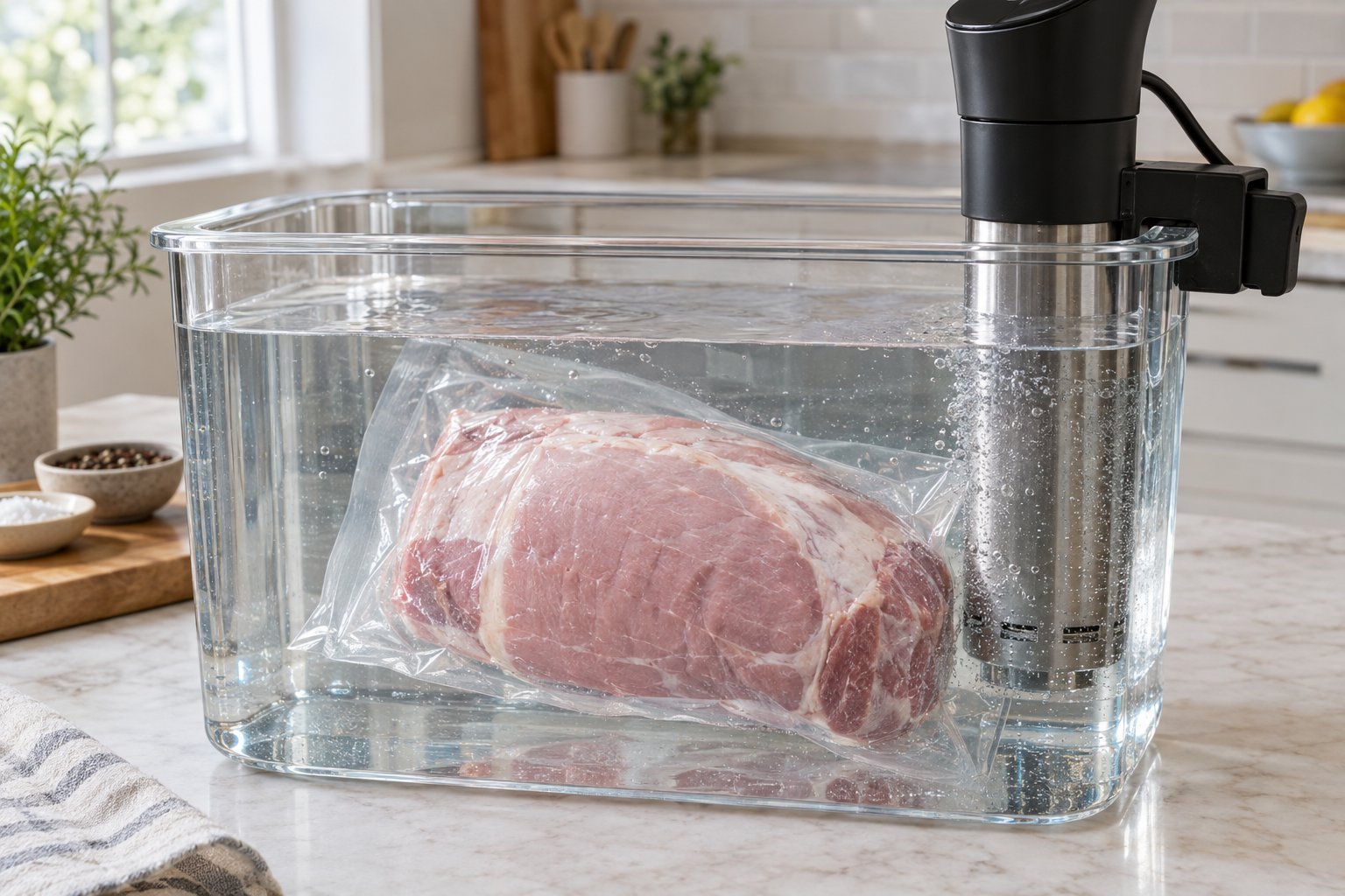 En hel kalvstek i en vakuumpåse ligger i ett vattenbad med en sous vide-cirkulator.