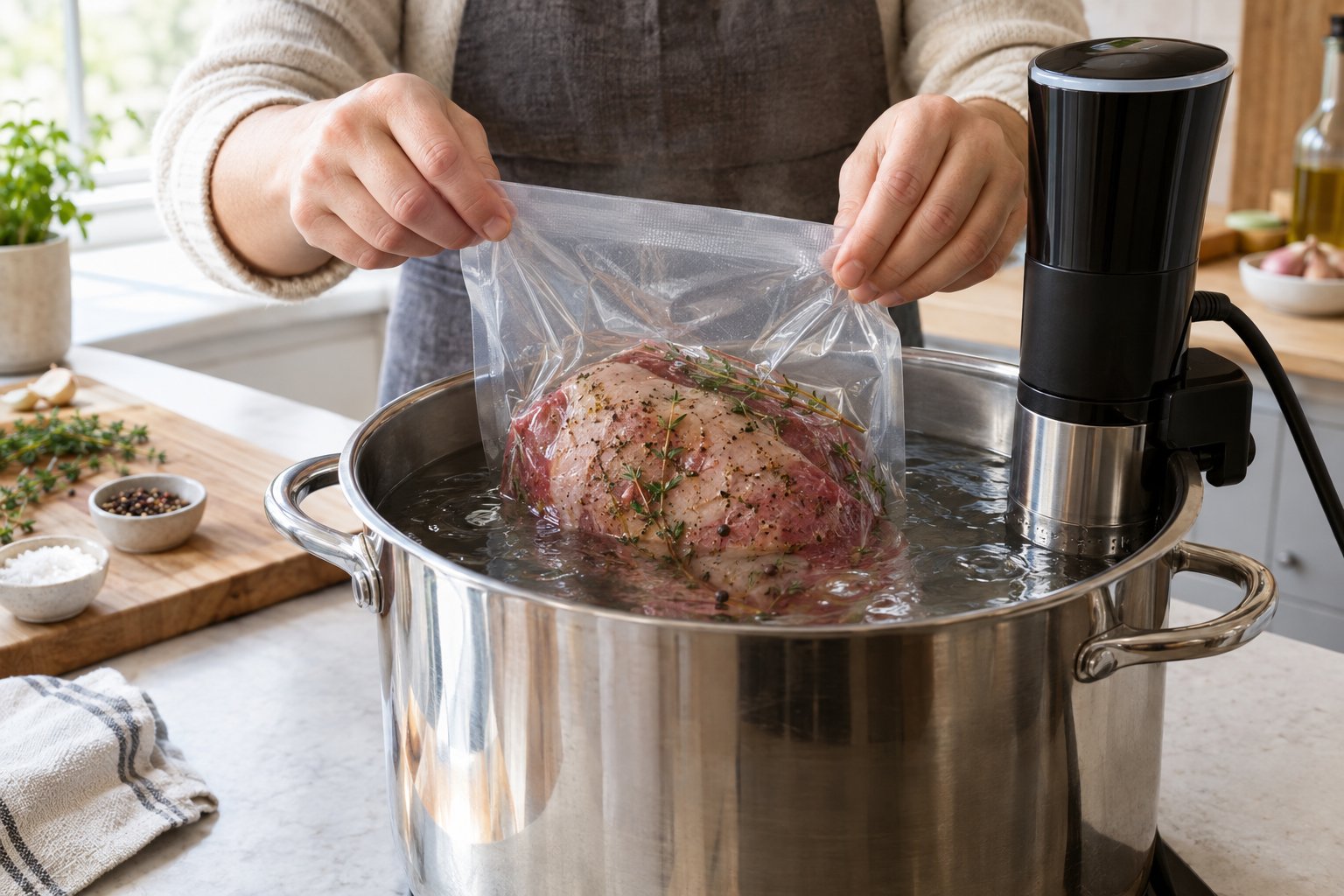 En vakuumförpackad kalvstek sänks ner i ett vattenbad med sous vide-cirkulator.