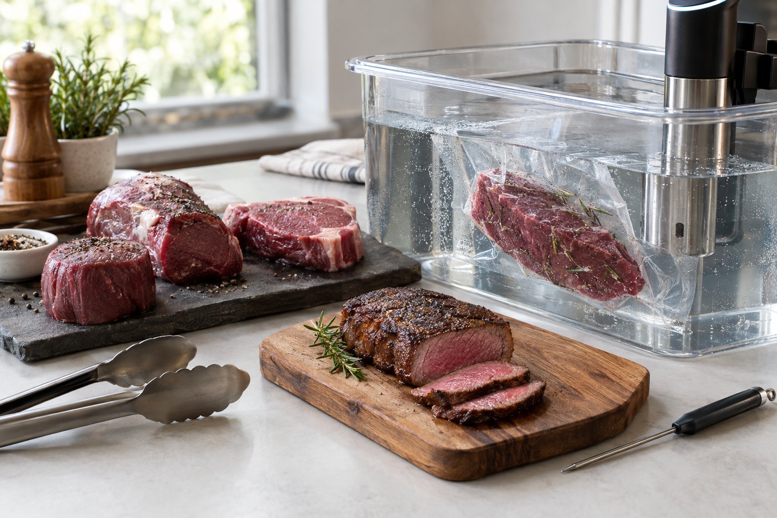 Olika styckningsdetaljer av rådjur bredvid ett sous vide-bad och en tillagad köttbit.
