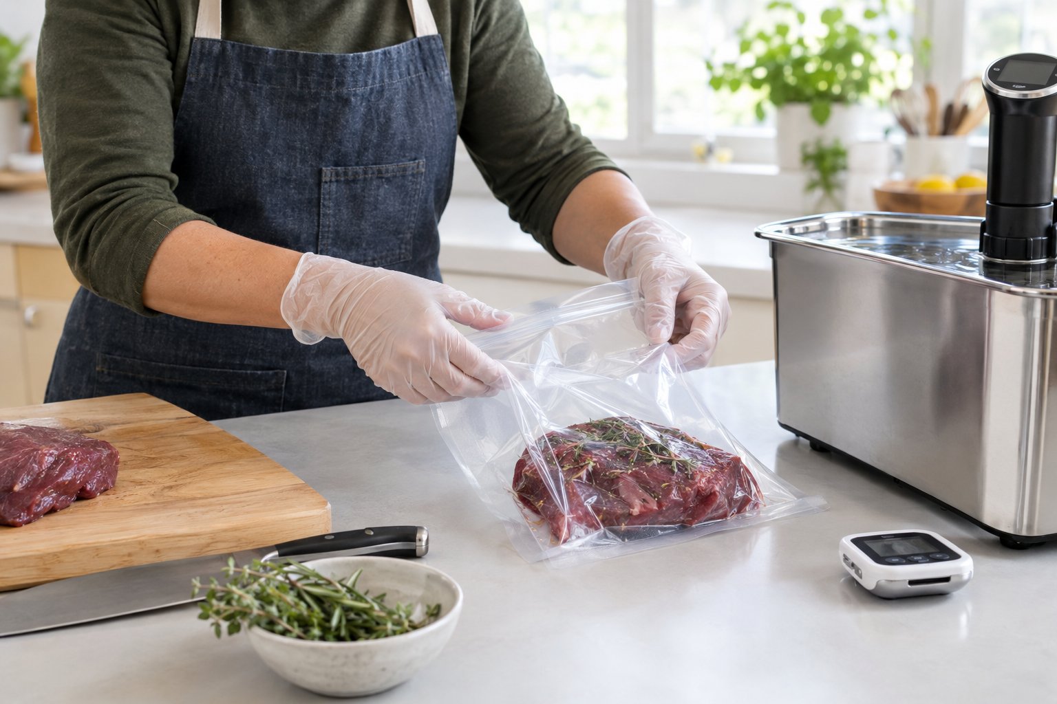 En person lägger rådjurskött i en vakuumpåse vid ett sous vide-bad i ett rent kök.